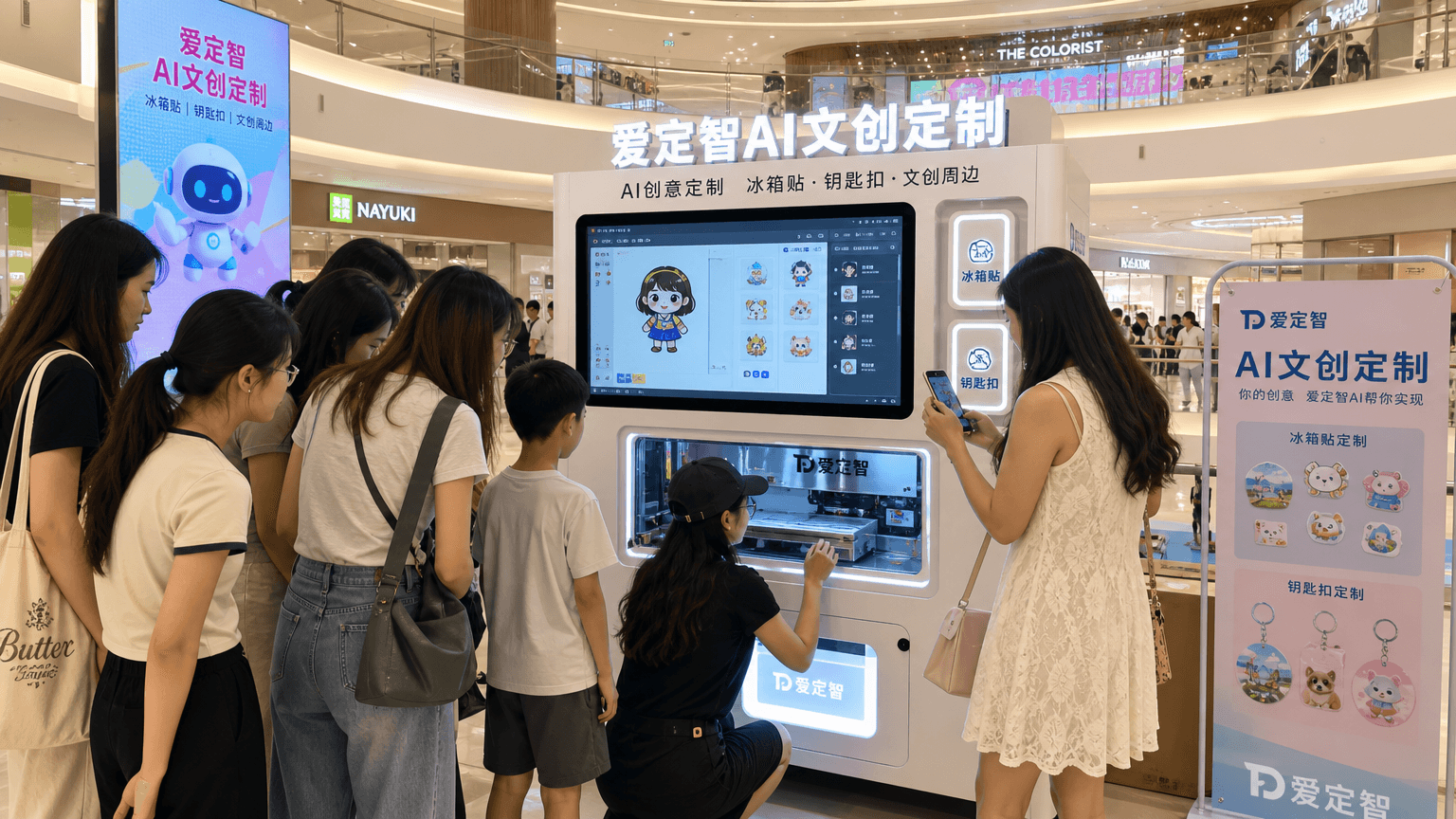 爱定智AI文创定制设备赋能商场与景区，现场即时制作减少款式更新压力